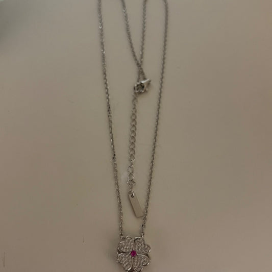 Silver Pink Flower  Charm Necklace Set with CZ