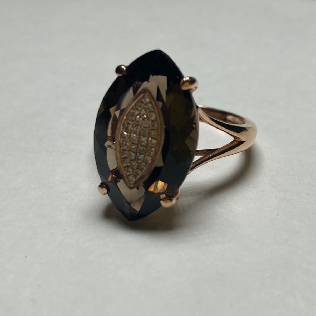 14K Rose Gold  Ring with Diamond and Smoked Quartz